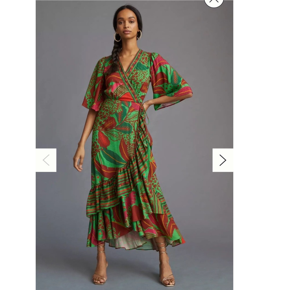 Farm Rio for Anthropologie flutter-sleeve Print Ruffle Wrap Maxi Dress XS